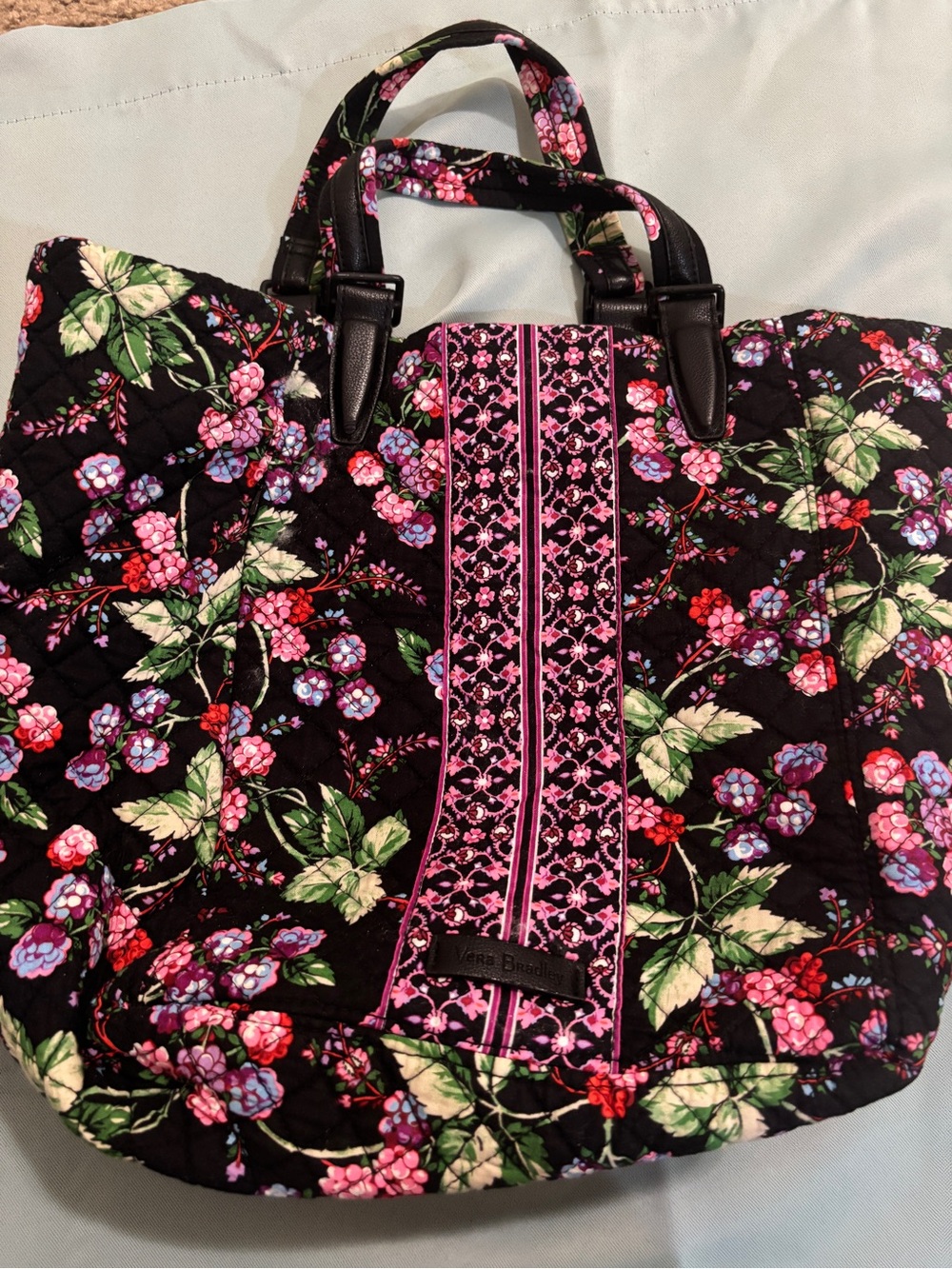 Vera Bradley Black Quilted Floral Tote with Pink Accents